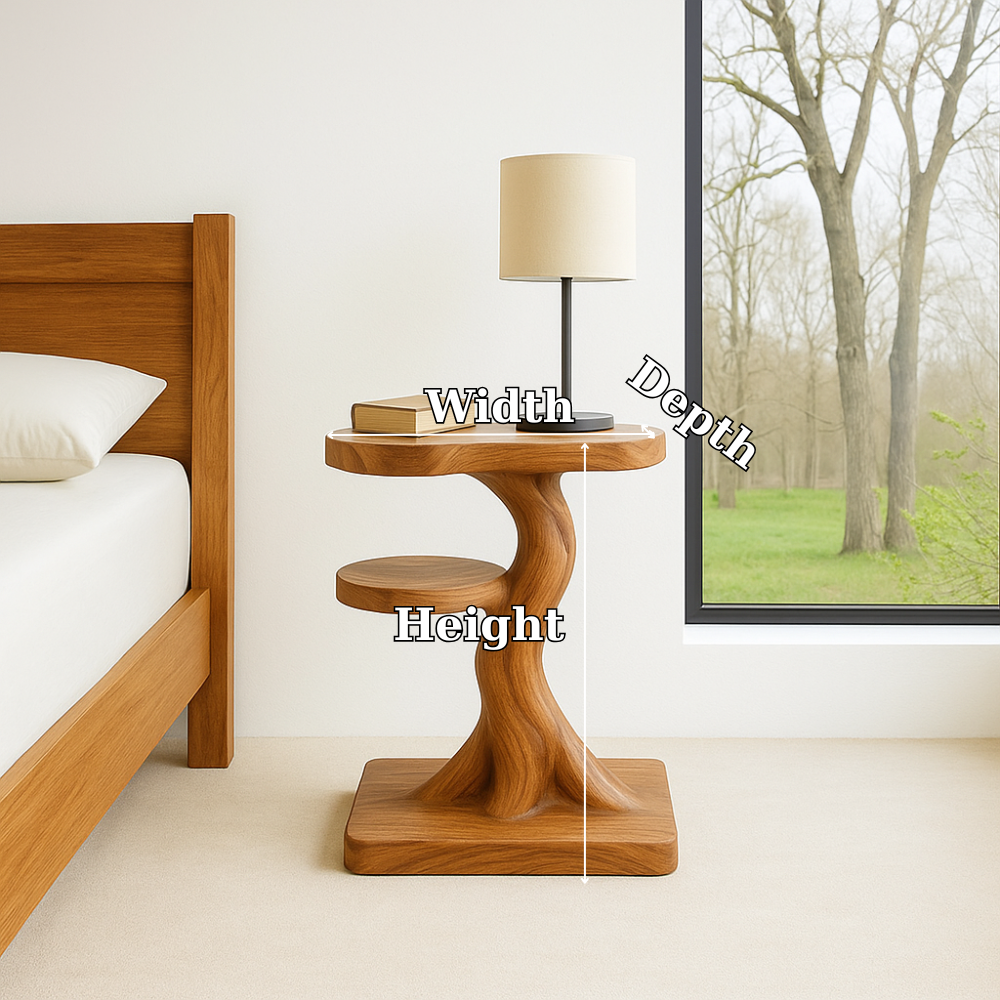 Handcrafted Solid Wood Nightstand – Sculptural Modern Bedside Table with Side Shelf Lynnsnail