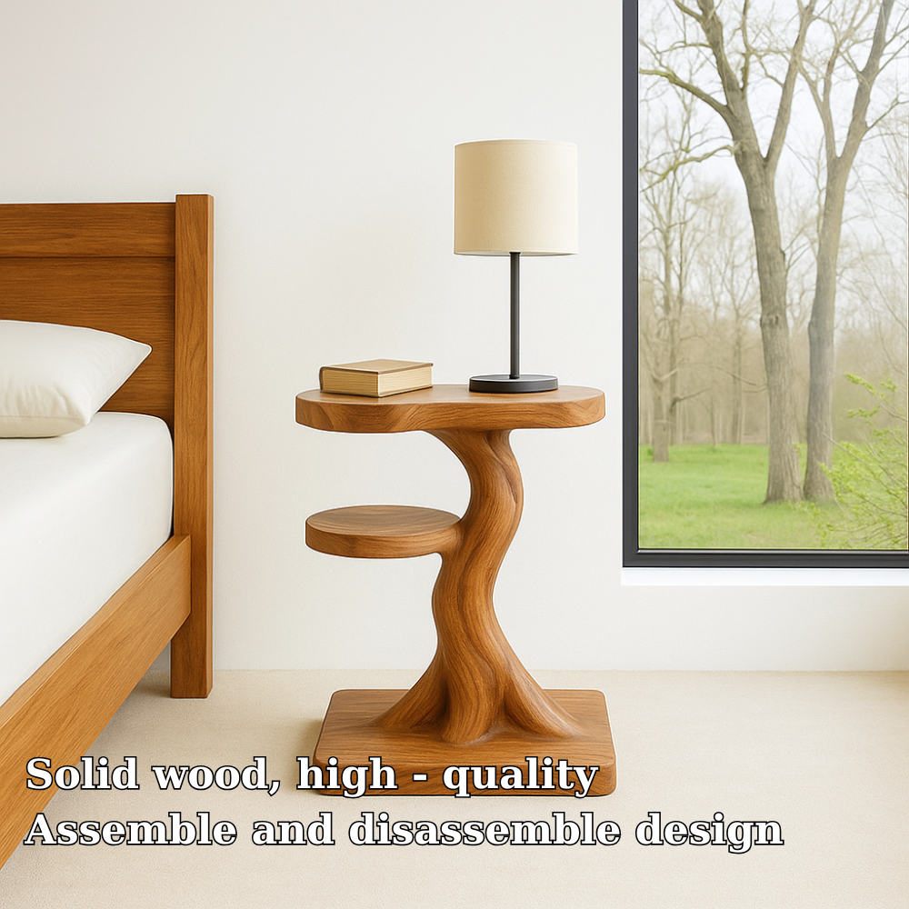 Handcrafted Solid Wood Nightstand – Sculptural Modern Bedside Table with Side Shelf Lynnsnail