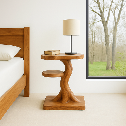 Handcrafted Solid Wood Nightstand – Sculptural Modern Bedside Table with Side Shelf Lynnsnail