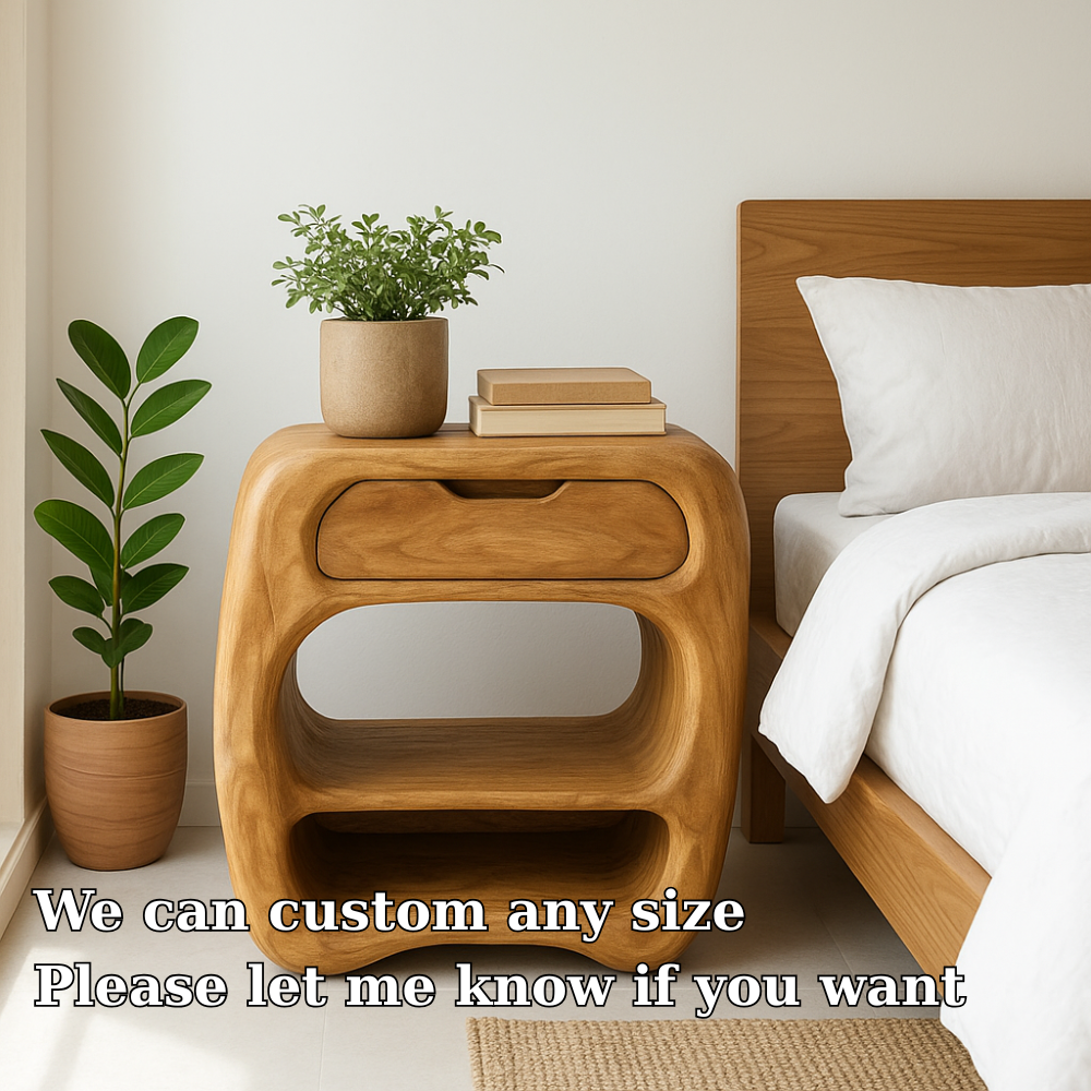 Handcrafted Solid Wood Nightstand – Sculptural Bedside Table with Drawer and Open Shelves Lynnsnail