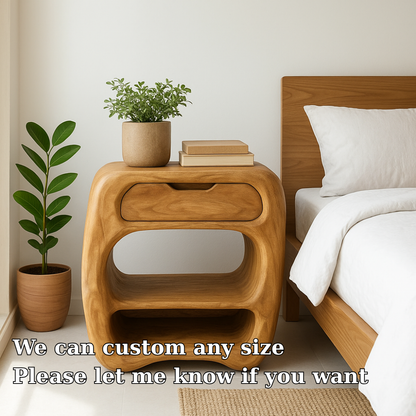 Handcrafted Solid Wood Nightstand – Sculptural Bedside Table with Drawer and Open Shelves Lynnsnail