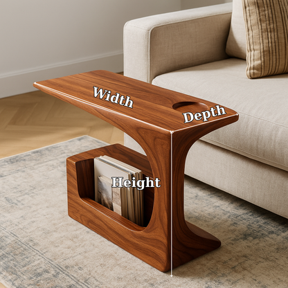 Handcrafted Solid Wood Armrest Table with Magazine Storage – Organic Sofa Side Table Lynnsnail