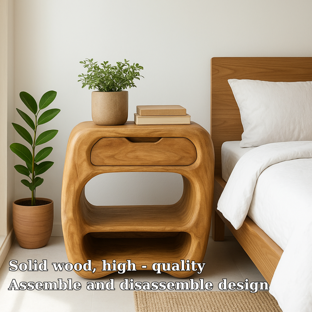 Handcrafted Solid Wood Nightstand – Sculptural Bedside Table with Drawer and Open Shelves Lynnsnail