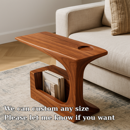 Handcrafted Solid Wood Armrest Table with Magazine Storage – Organic Sofa Side Table Lynnsnail