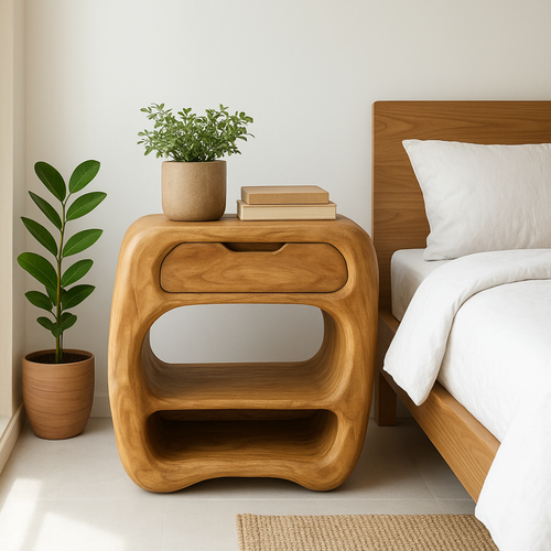 Handcrafted Solid Wood Nightstand – Sculptural Bedside Table with Drawer and Open Shelves Lynnsnail