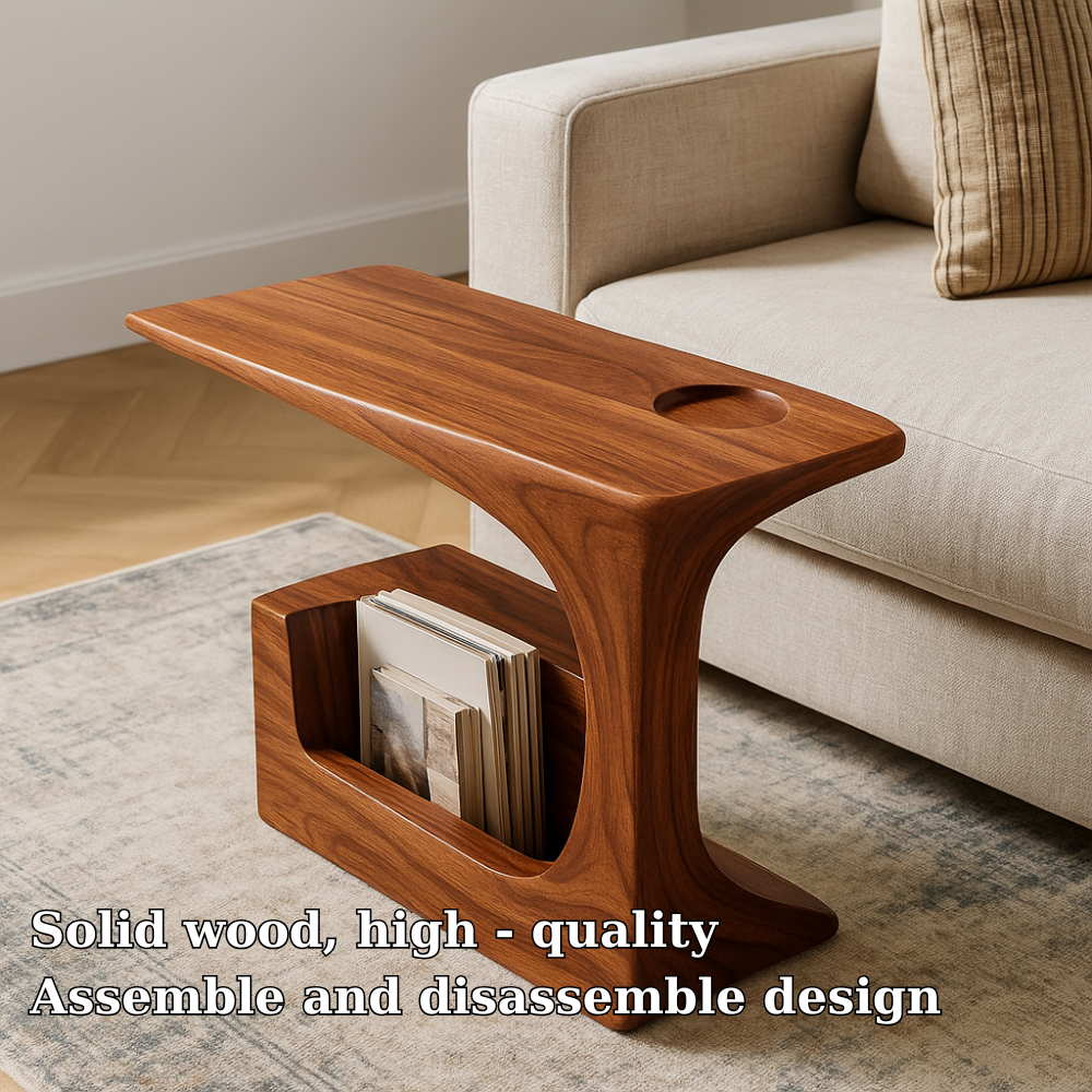 Handcrafted Solid Wood Armrest Table with Magazine Storage – Organic Sofa Side Table Lynnsnail