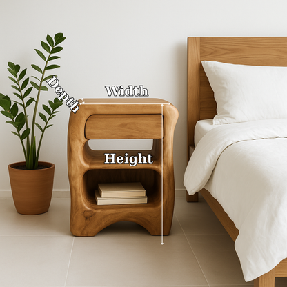 Handcrafted Solid Wood Nightstand – Sculptural Bedside Table with Drawer and Open Storage Lynnsnail