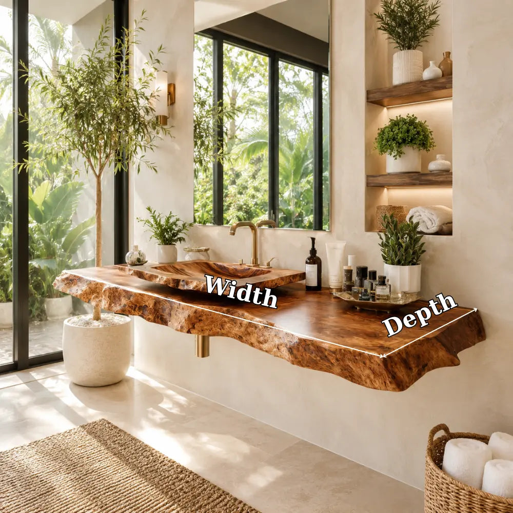 Burl Wood Vanity Shelf with Carved Sink | Live Edge Floating Bathroom Lynnsnail