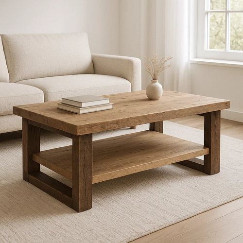 Handcrafted Solid Wood Coffee Table – Rustic Modern Design with Open Shelf Storage Lynnsnail