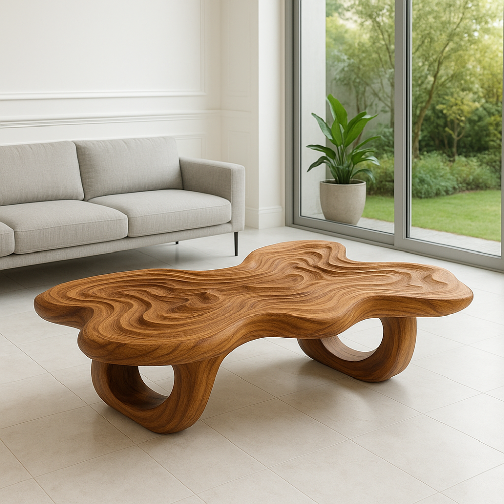 Handcrafted Solid Wood Coffee Table – Sculpted Organic Ripple Design Lynnsnail