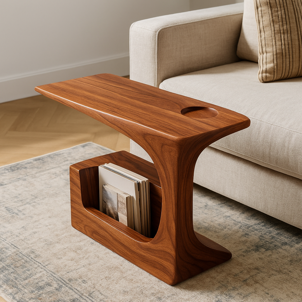 Handcrafted Solid Wood Armrest Table with Magazine Storage – Organic Sofa Side Table Lynnsnail