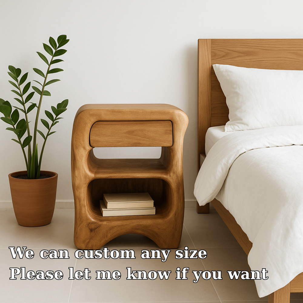 Handcrafted Solid Wood Nightstand – Sculptural Bedside Table with Drawer and Open Storage Lynnsnail
