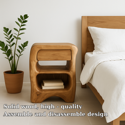Handcrafted Solid Wood Nightstand – Sculptural Bedside Table with Drawer and Open Storage Lynnsnail