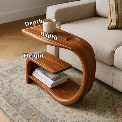 Handcrafted Solid Wood Armrest Table with Sculpted Curve Design & Storage Shelf Lynnsnail