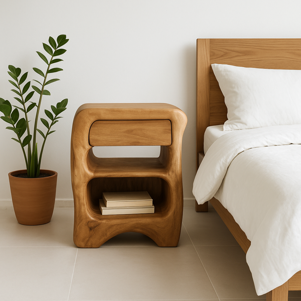 Handcrafted Solid Wood Nightstand – Sculptural Bedside Table with Drawer and Open Storage Lynnsnail
