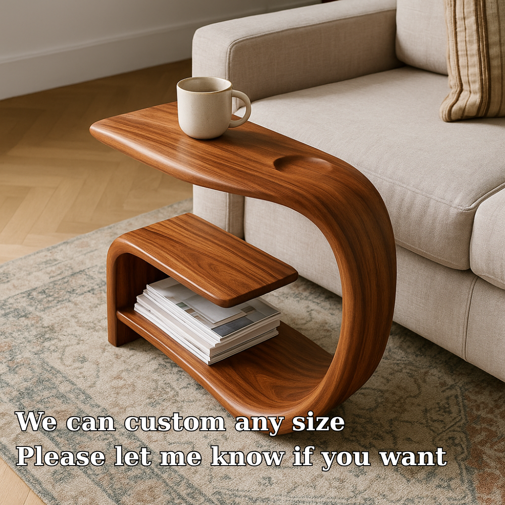 Handcrafted Solid Wood Armrest Table with Sculpted Curve Design & Storage Shelf Lynnsnail