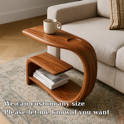 Handcrafted Solid Wood Armrest Table with Sculpted Curve Design & Storage Shelf Lynnsnail