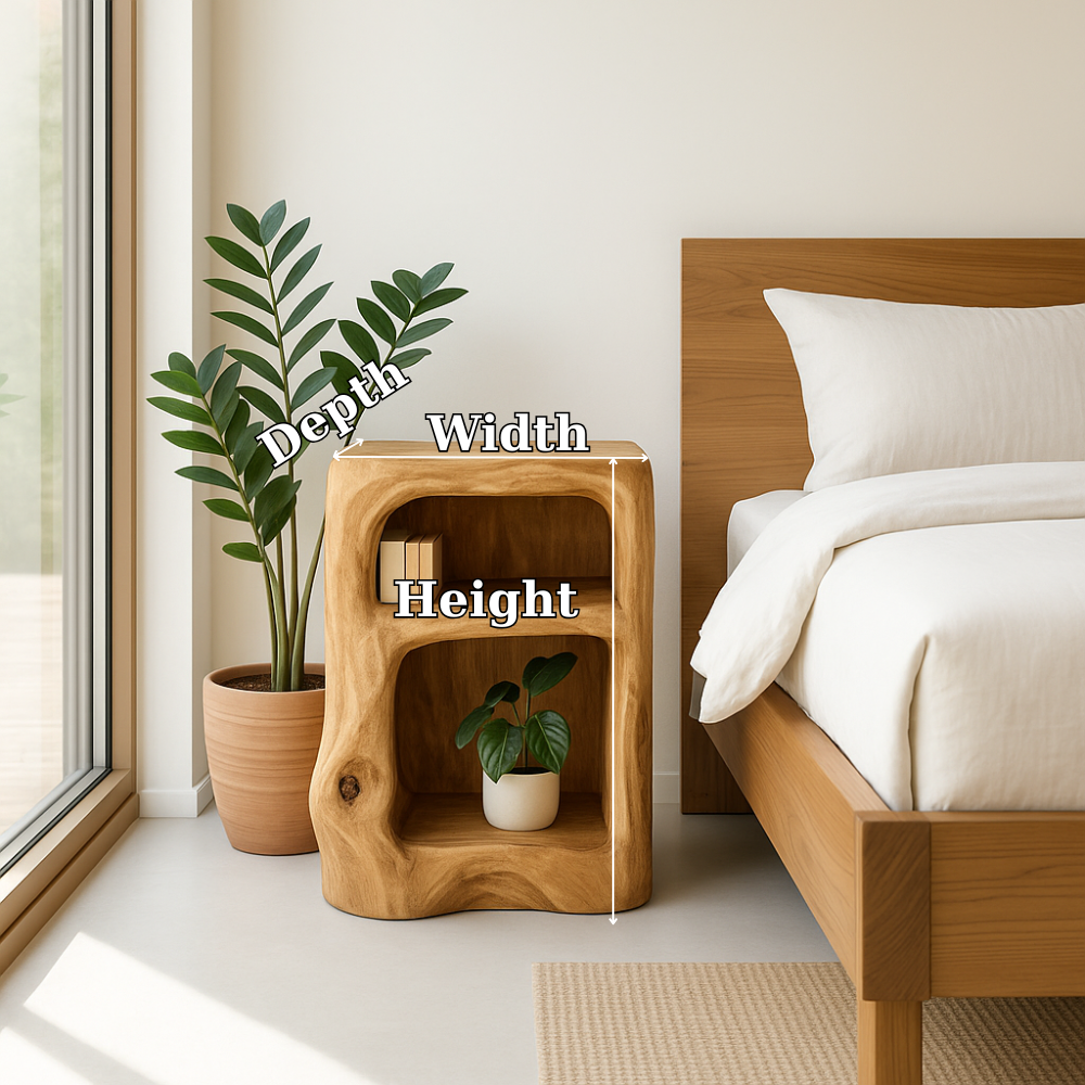 Handcrafted Solid Wood Nightstand – Organic Sculpted Bedside Table with Open Shelves Lynnsnail