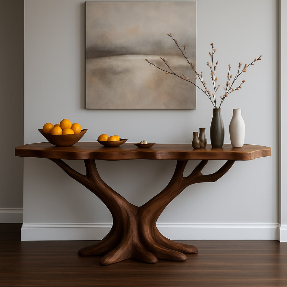 Handcrafted Solid Wood Console Table with Tree-Inspired Base – Modern Organic Art Furniture Lynnsnail