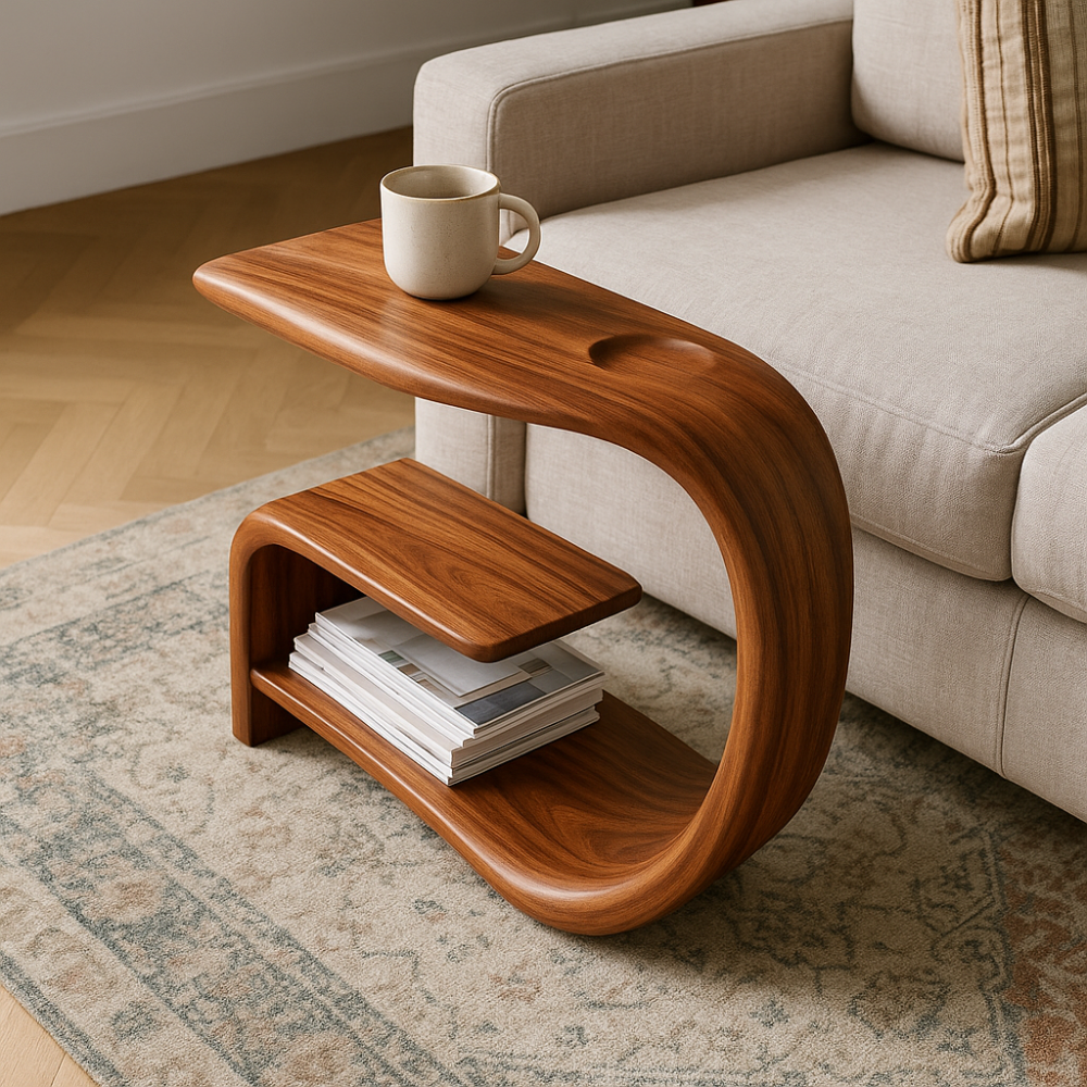Handcrafted Solid Wood Armrest Table with Sculpted Curve Design & Storage Shelf Lynnsnail