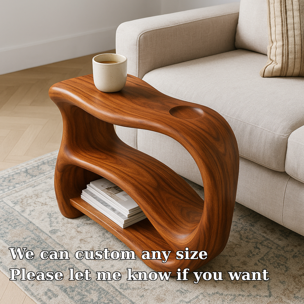 Handcrafted Solid Wood Armrest Table – Sculpted Organic Side Table with Storage Shelf Lynnsnail
