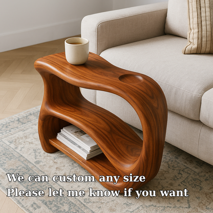 Handcrafted Solid Wood Armrest Table – Sculpted Organic Side Table with Storage Shelf Lynnsnail