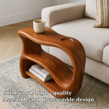 Handcrafted Solid Wood Armrest Table – Sculpted Organic Side Table with Storage Shelf Lynnsnail
