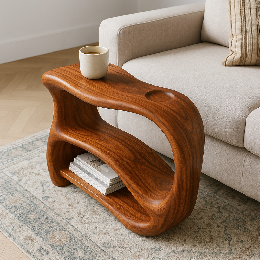 Handcrafted Solid Wood Armrest Table – Sculpted Organic Side Table with Storage Shelf Lynnsnail