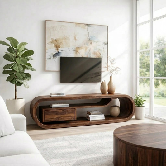 Solid Wood Curved TV Cabinet – Modern Sculptural Media Console with Storage