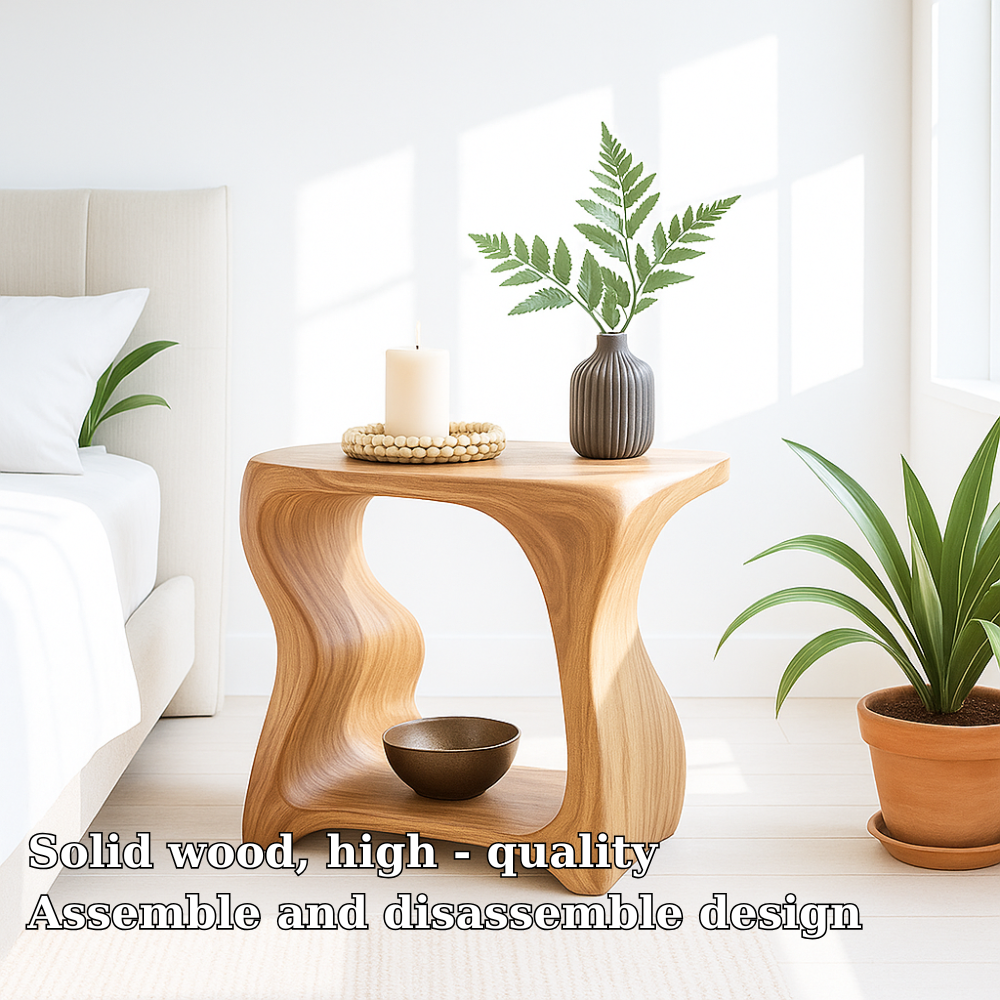 Handcrafted Solid Wood Nightstand – Sculpted Organic Bedside Table with Open Shelf Lynnsnail