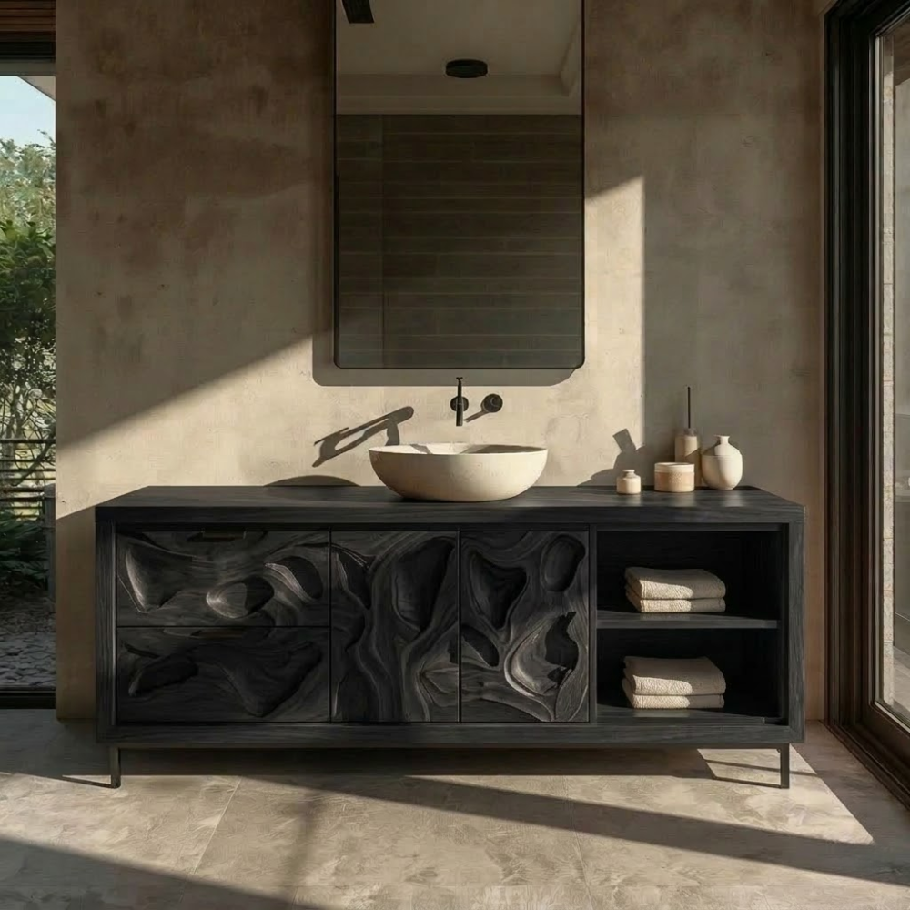 Solid Wood Bathroom Vanity with Sculpted Organic Design – Modern Storage Cabinet
