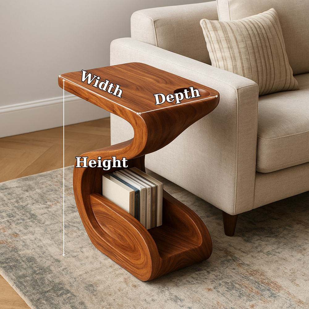 Handcrafted Solid Wood Armrest Table with Sculpted Curve Design and Storage Shelf Lynnsnail