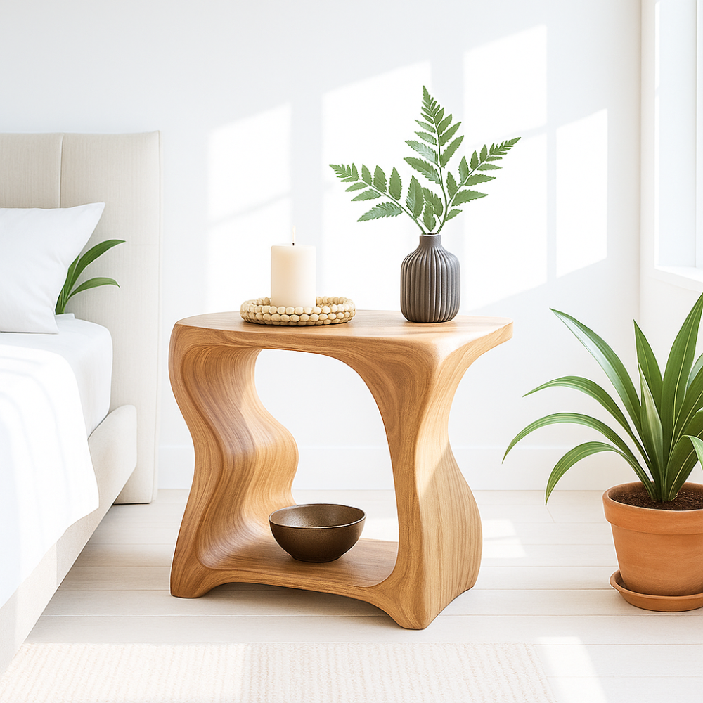 Handcrafted Solid Wood Nightstand – Sculpted Organic Bedside Table with Open Shelf Lynnsnail