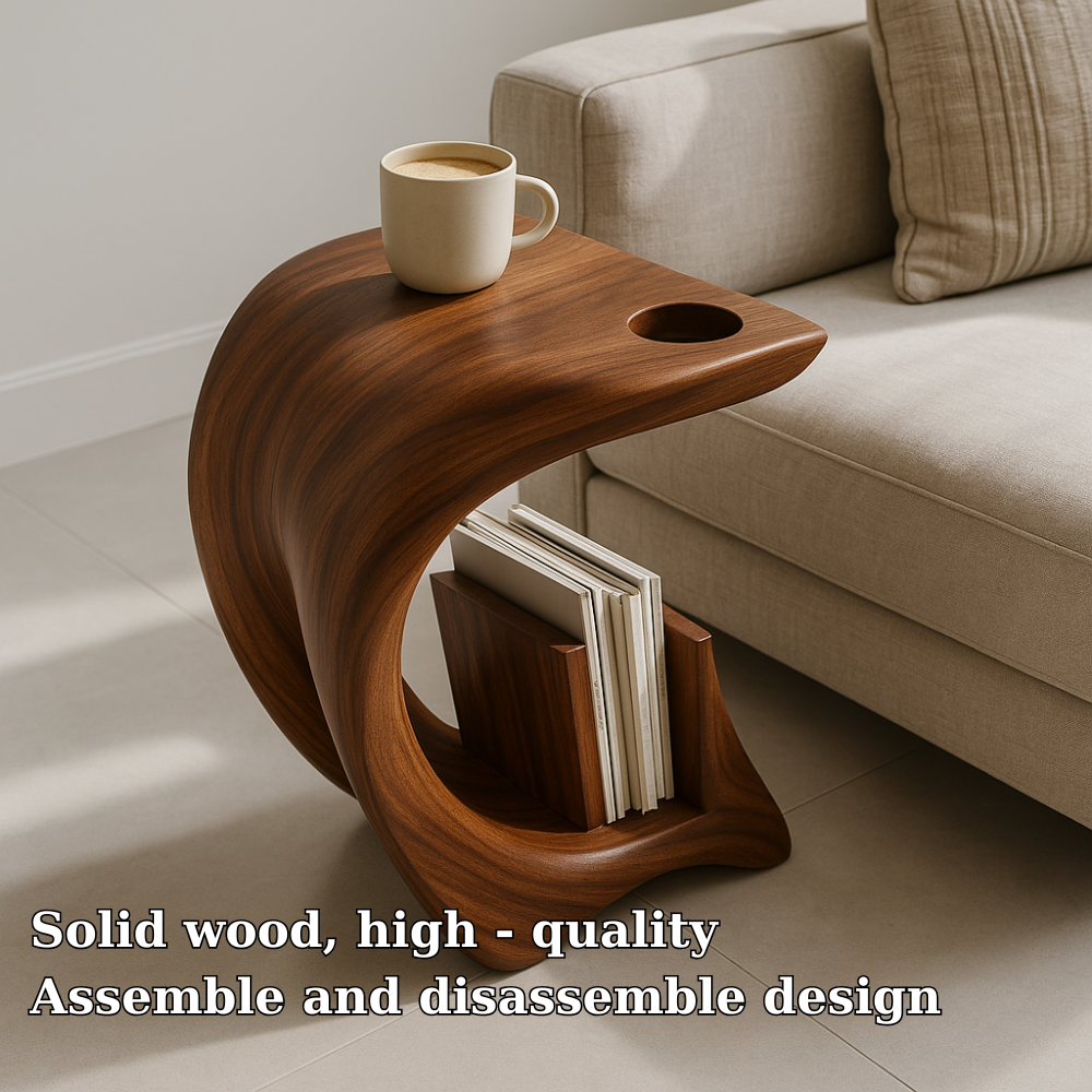 Handcrafted Solid Wood Armrest Table – Sculpted Organic Side Table with Storage Shelf Lynnsnail
