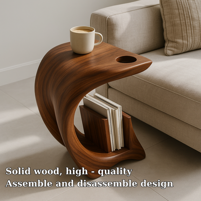 Handcrafted Solid Wood Armrest Table – Sculpted Organic Side Table with Storage Shelf Lynnsnail