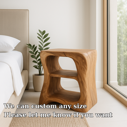 Handcrafted Solid Wood Nightstand – Sculpted Organic Bedside Table with Open Shelves Lynnsnail