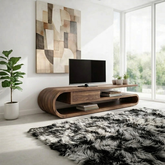 Solid Wood TV Cabinet Curved Design – Modern Oak Media Console