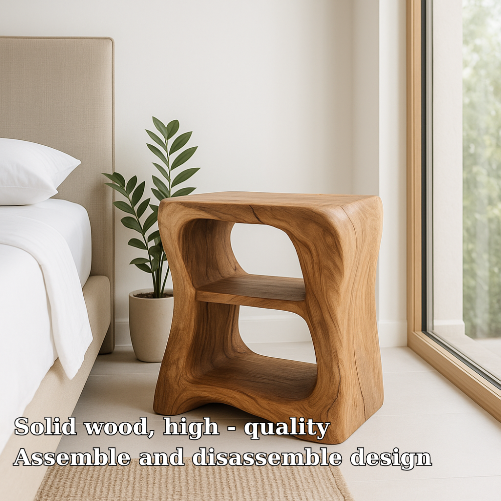 Handcrafted Solid Wood Nightstand – Sculpted Organic Bedside Table with Open Shelves Lynnsnail