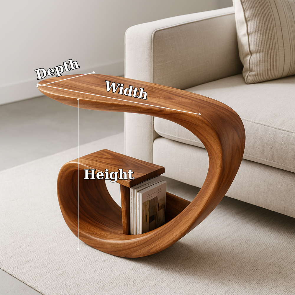 Handcrafted Solid Wood Armrest Table with Organic Sculpted Design & Storage Slot Lynnsnail