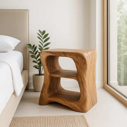 Handcrafted Solid Wood Nightstand – Sculpted Organic Bedside Table with Open Shelves Lynnsnail