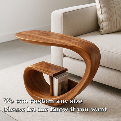 Handcrafted Solid Wood Armrest Table with Organic Sculpted Design & Storage Slot Lynnsnail
