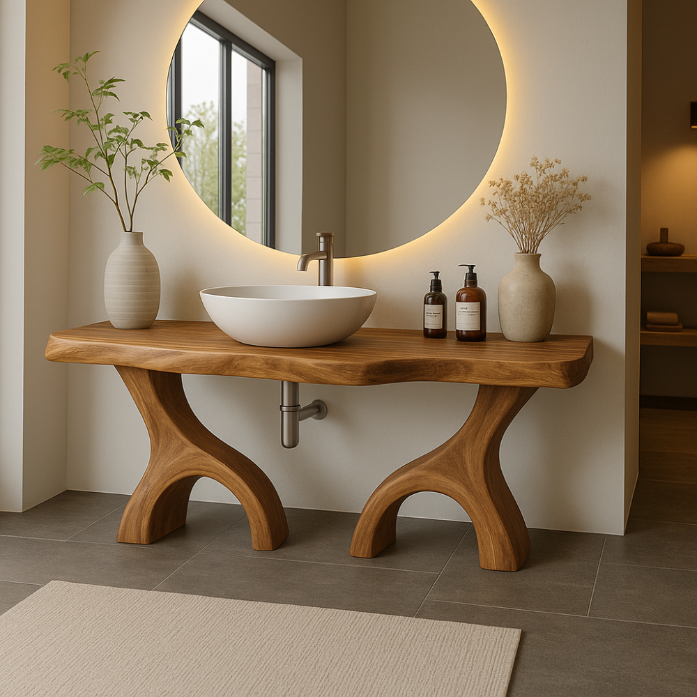 Handcrafted Solid Wood Bathroom Vanity with Dual Arched Base – Modern Organic Bathroom Design Lynnsnail