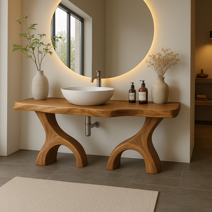 Handcrafted Solid Wood Bathroom Vanity with Dual Arched Base – Modern Organic Bathroom Design Lynnsnail