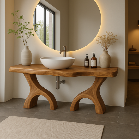 Handcrafted Solid Wood Bathroom Vanity with Dual Arched Base – Modern Organic Bathroom Design Lynnsnail