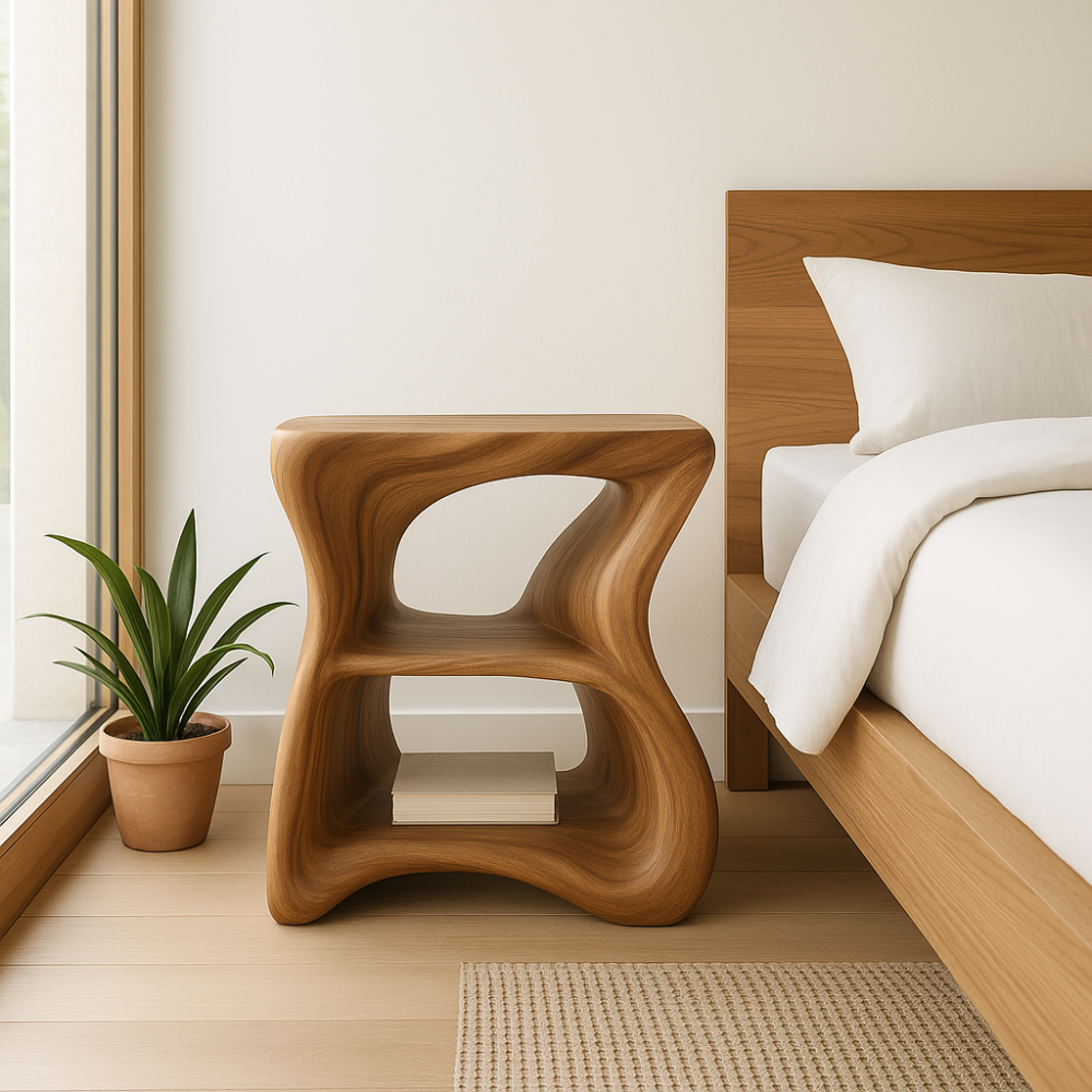 Handcrafted Solid Wood Nightstand – Modern Organic Bedside Table with Sculpted Shelves Lynnsnail