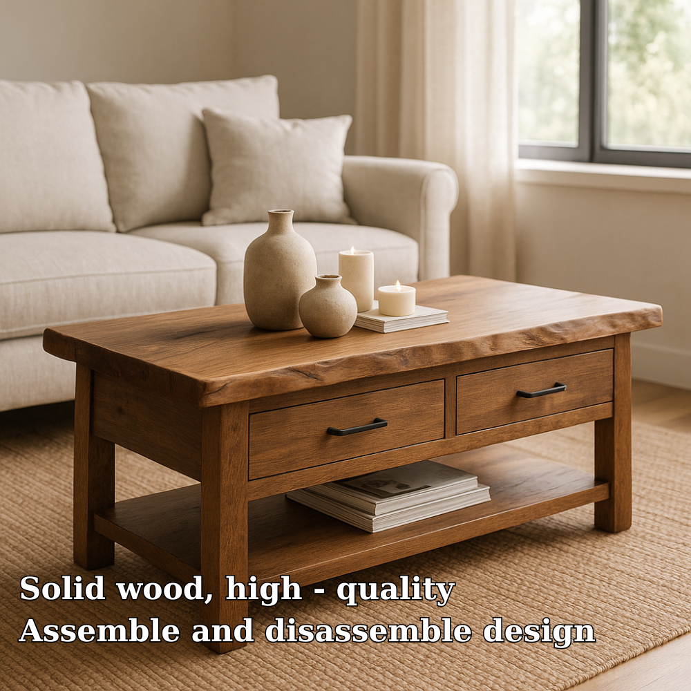 Handcrafted Solid Wood Coffee Table with Drawers – Rustic Live Edge Design for Modern Living Rooms Lynnsnail
