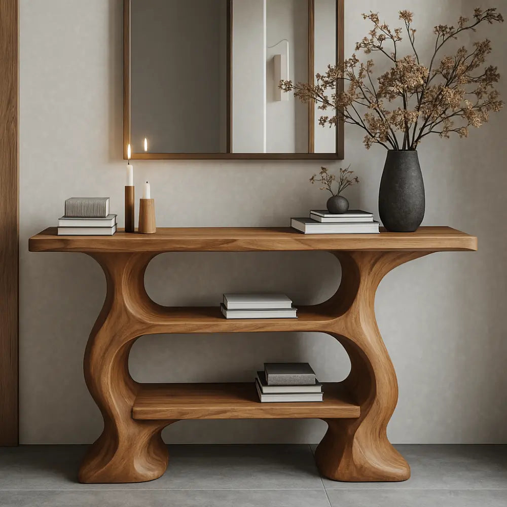 Handcrafted Solid Wood Console Table with Organic Flow Design – Modern Sculptural Accent Lynnsnail