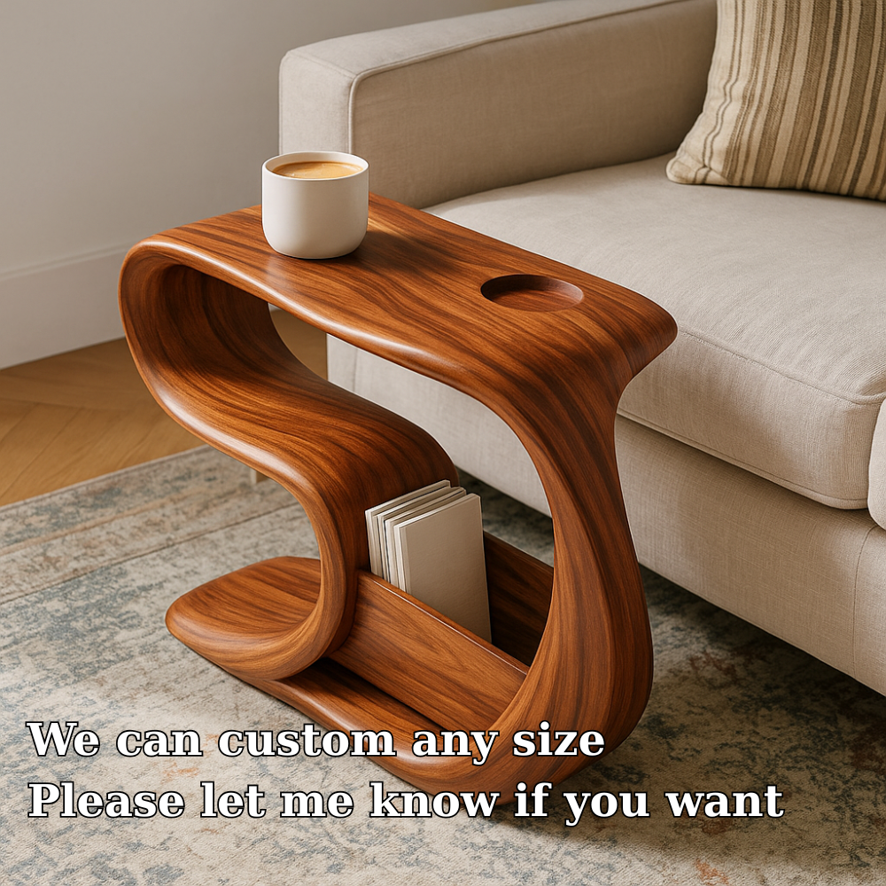 Handcrafted Solid Wood Armrest Table – Sculpted Organic Side Table with Storage Shelf Lynnsnail
