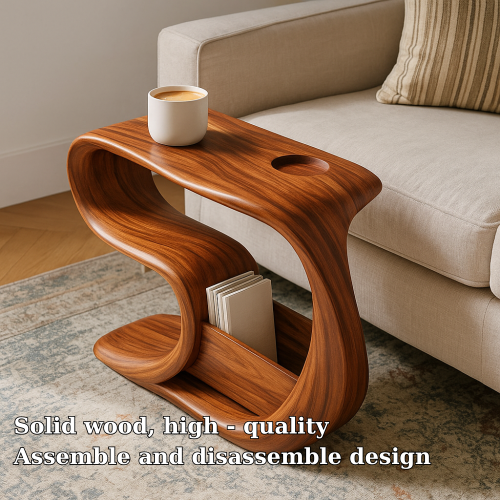 Handcrafted Solid Wood Armrest Table – Sculpted Organic Side Table with Storage Shelf Lynnsnail