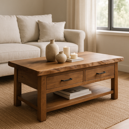 Handcrafted Solid Wood Coffee Table with Drawers – Rustic Live Edge Design for Modern Living Rooms Lynnsnail